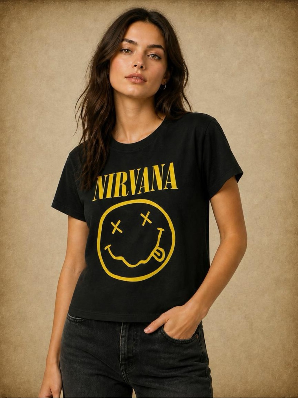 NIRVANA Black Tee with Yellow Smiley Graphic
